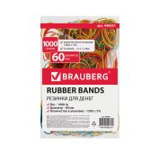 Резинки банковские универсальные диаметром 60мм, BRAUBERG 1000 г, цветные, натуральный каучук